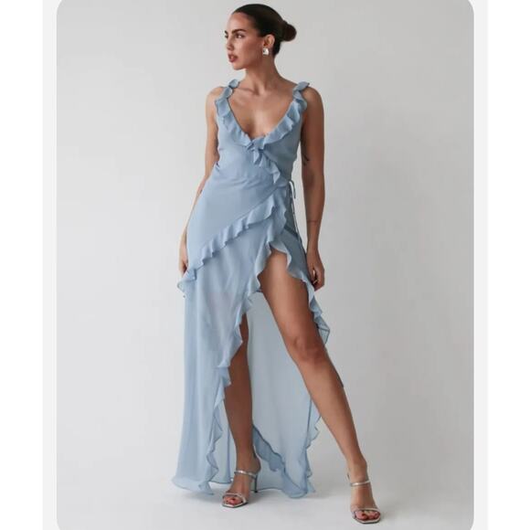 NEW Rumored Ruffle Wrap Maxi Dress Blue Angel Falls S - Picture 1 of 13